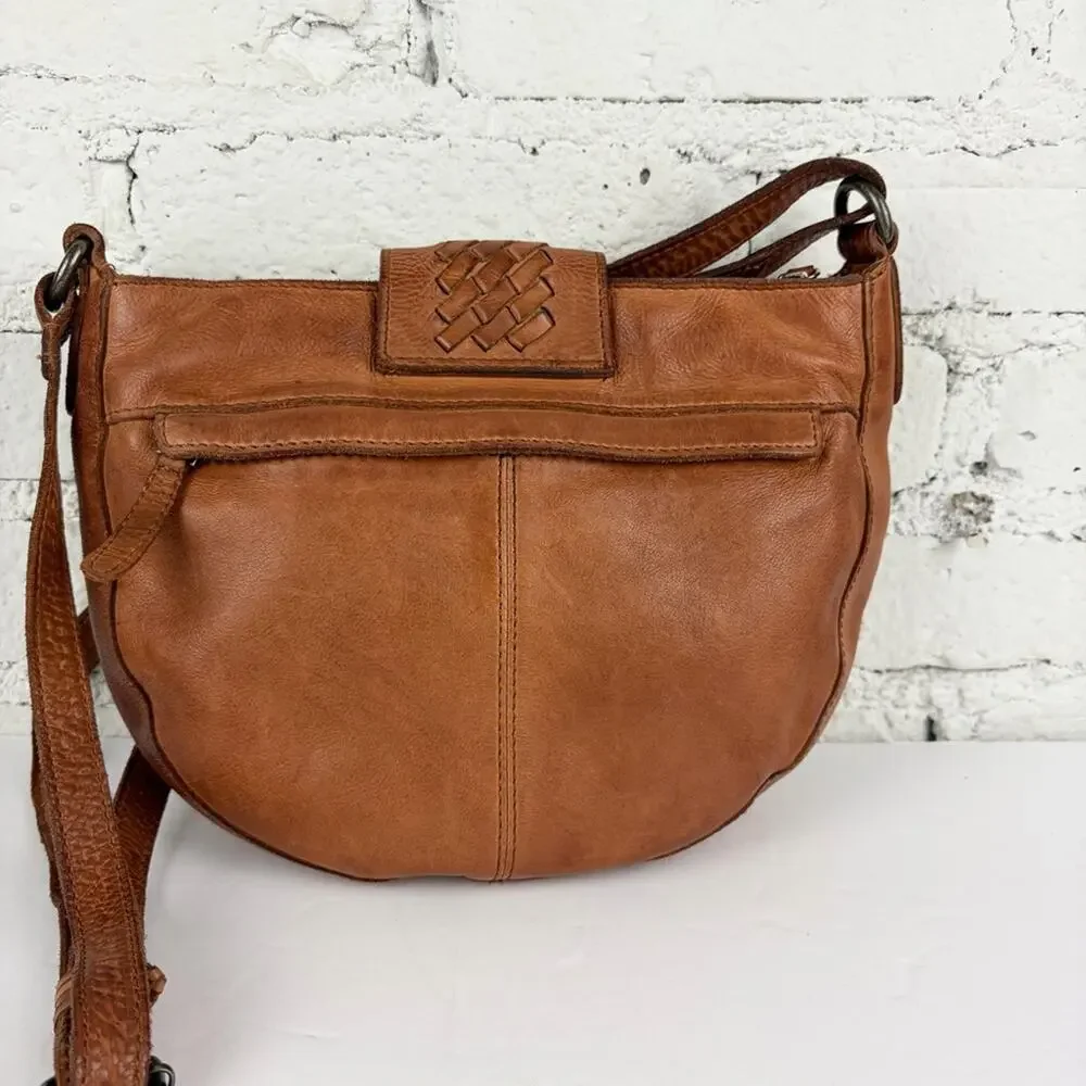 Vilenca Holland Brown Leather Woven Round Crossbody Bag Purse